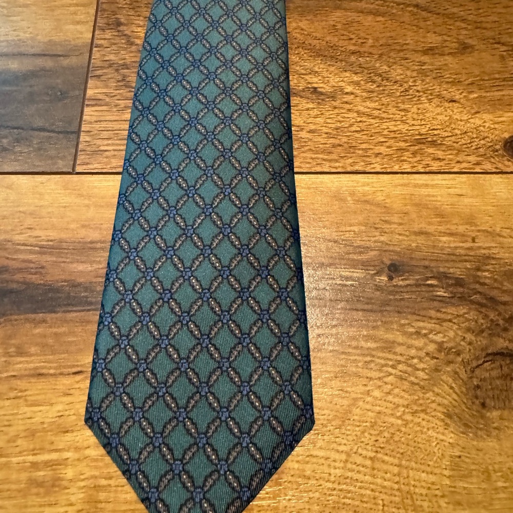 Elegant vintage Hermes Green and blue check print Men's Tie - Picture 2 of 4